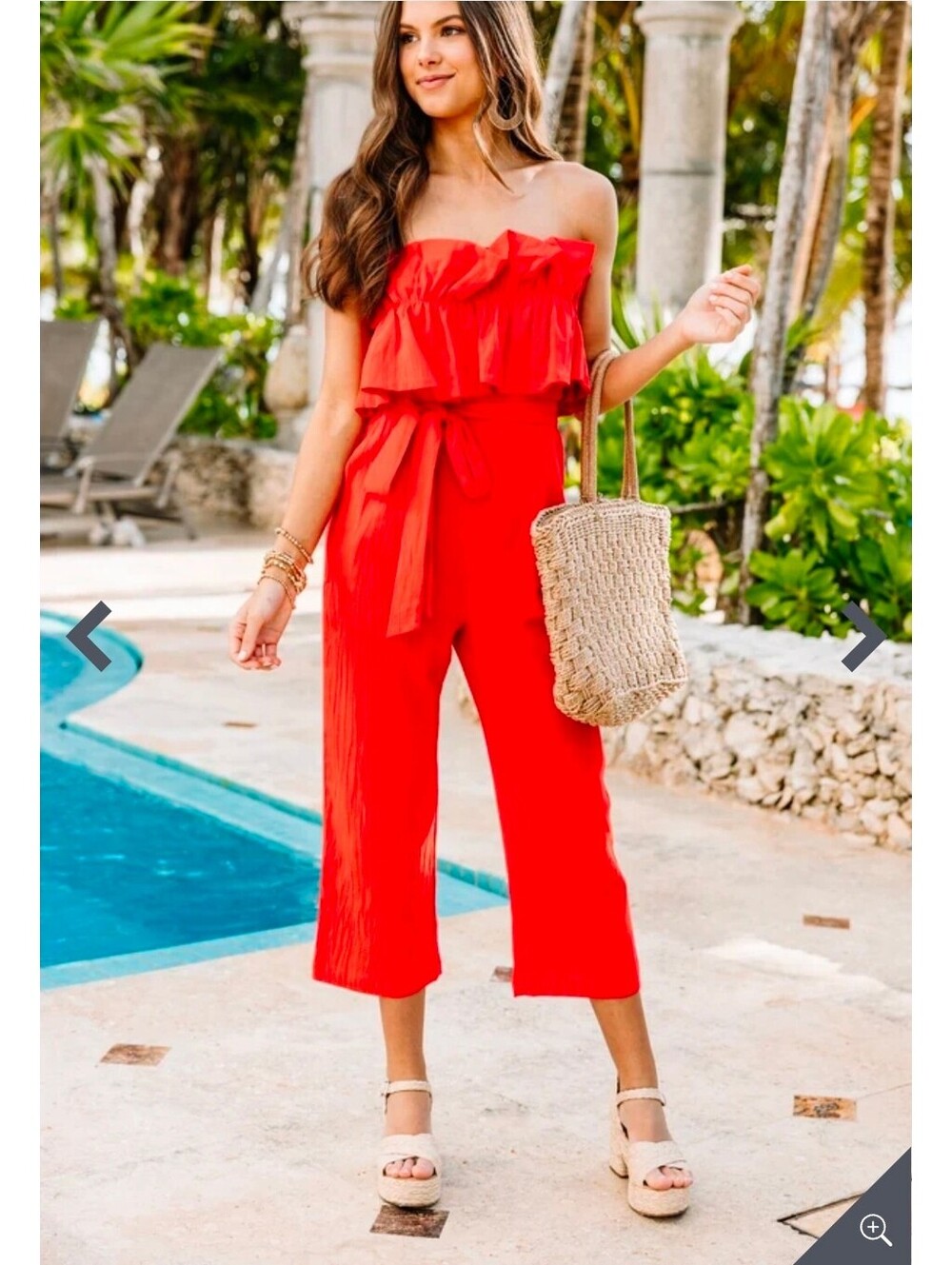 Shop the mint Red Strapless Ruffle Jumpsuit with Waist Tie - Size XL